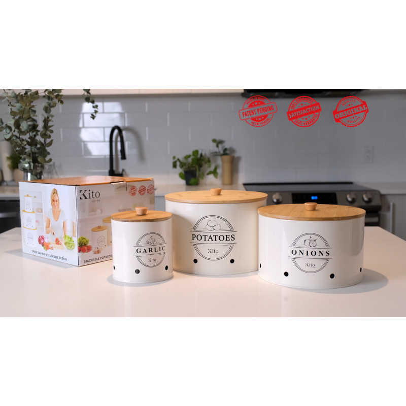 주방 카운터용 Kito LIVING 캐니스터 세트, 식료품 저장실 정리용 마늘 감자 양파 키퍼 주방 캐니스터 3개 및 나무 대나무 뚜껑이 있는 보관함(크림)