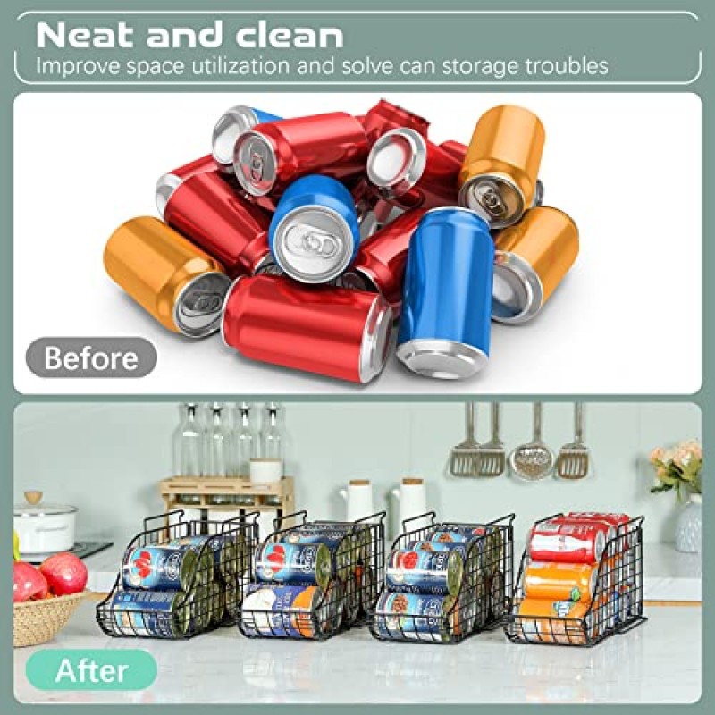 스탠딩 캔 디스펜서 빈 3팩, 쌓을 수 있는 음료 음료 팝 소다 캔 보관함 손잡이가 있는 바구니, 주방 식료품 저장실 조리대 캐비닛용 접이식 통조림 식품 홀더 특허 출원 중