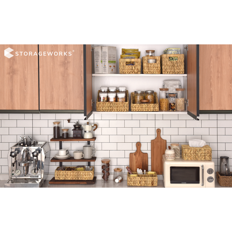 StorageWorks 보관용 고리버들 바구니, 손잡이가 내장된 부레옥잠 바구니, 선반용 손으로 짠 식료품 저장실 바구니, 주방, 대형 및 중형, 천연 2팩