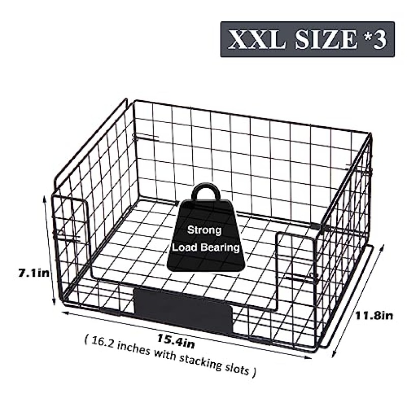 JKsmart 3 팩 XXL 식료품 저장실 보관 및 정리용 손잡이가 있는 쌓을 수 있는 와이어 바구니, 명판이 있는 과일 및 야채 바구니, 스낵 캔 과일 채소용 금속 보관함
