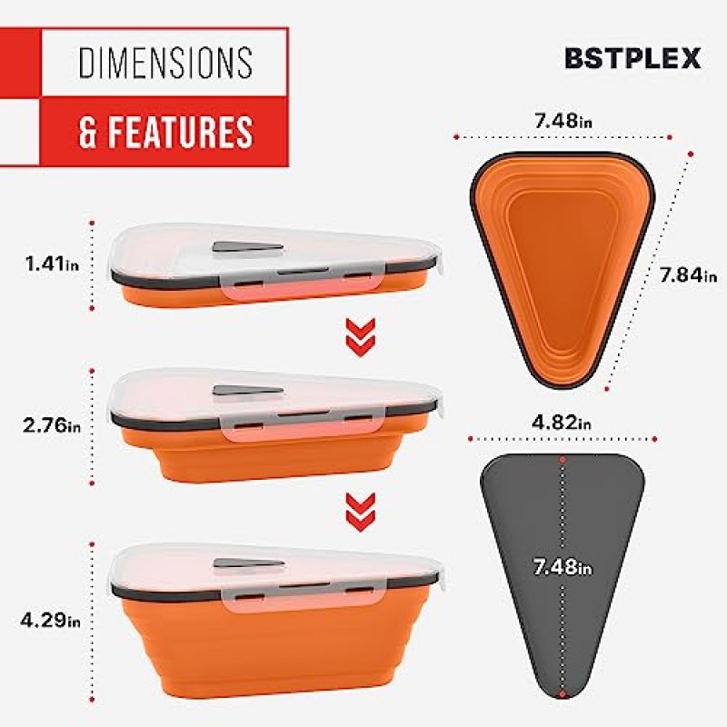 BSTPLEX 전자레인지용 피자 보관 용기 및 칸막이가 있는 재사용 가능한 서빙 트레이, 남은 음식 또는 조각 재가열, 접이식 공간 절약, 내열성 BPA 프리 실리콘