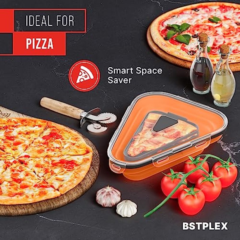 BSTPLEX 전자레인지용 피자 보관 용기 및 칸막이가 있는 재사용 가능한 서빙 트레이, 남은 음식 또는 조각 재가열, 접이식 공간 절약, 내열성 BPA 프리 실리콘