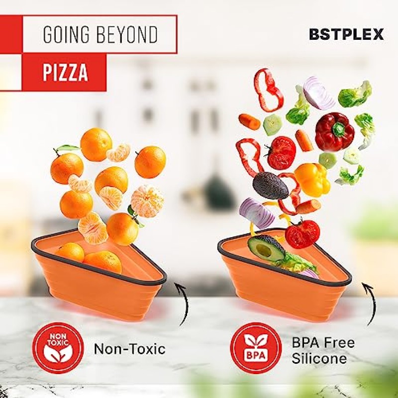 BSTPLEX 전자레인지용 피자 보관 용기 및 칸막이가 있는 재사용 가능한 서빙 트레이, 남은 음식 또는 조각 재가열, 접이식 공간 절약, 내열성 BPA 프리 실리콘