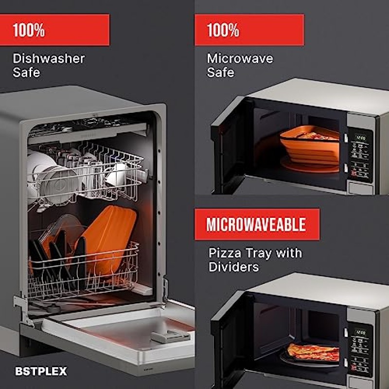 BSTPLEX 전자레인지용 피자 보관 용기 및 칸막이가 있는 재사용 가능한 서빙 트레이, 남은 음식 또는 조각 재가열, 접이식 공간 절약, 내열성 BPA 프리 실리콘