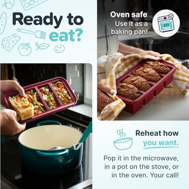 수퍼 큐브 뚜껑이 있는 2테이블스푼 실리콘 냉동고 트레이 - 간편한 식사 준비 용기 및 주방 보관 솔루션 - 수프 및 식품 보관용 실리콘 몰드 - 크랜베리 ​​– 1팩