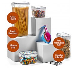 14팩 밀폐 식품 저장 용기 세트 - BPA가 없는 투명 플라스틱 주방 및 식품 저장실 정리용 용기, 시리얼, 건조 식품용 밀가루 및 설탕용 내구성 뚜껑이 있는 용기 - 라벨, 마커 및 스푼 세트