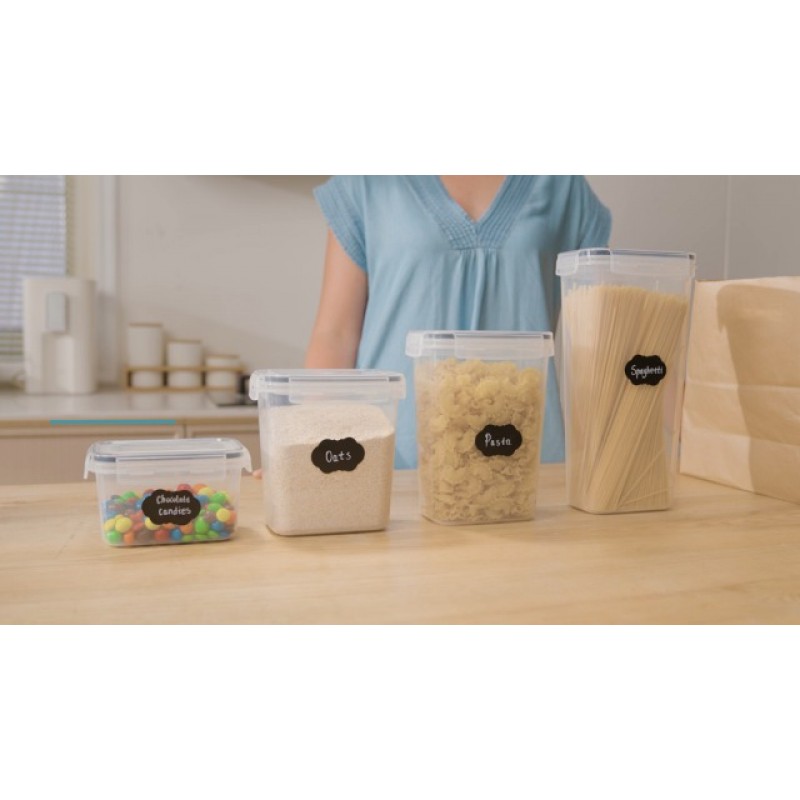 Vtopmart 밀폐 식품 보관 용기 4개 3.3쿼트/3.6L - 설탕, 밀가루 및 베이킹 용품용 플라스틱 PBA 프리 주방 식료품 저장실 보관 용기 - 식기세척기 사용 가능 - 라벨 24개 포함, 검정색