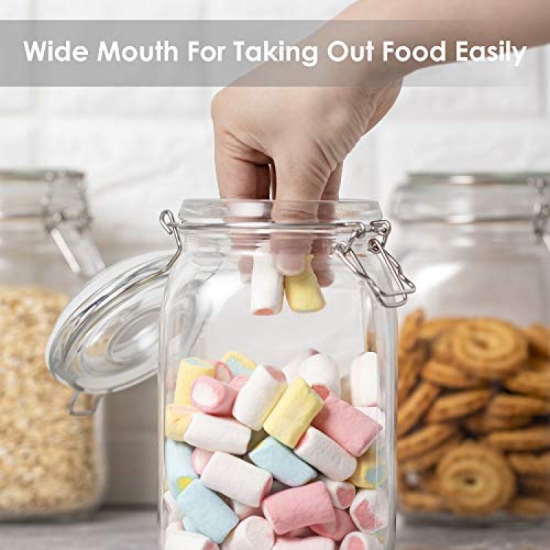CHEFSTORY 뚜껑이 있는 50온스 밀폐 유리병, 주방 및 식료품 저장실 정리 및 보관용 식품 저장 용기 3개, 설탕, 밀가루, 시리얼, 커피, 쿠키를 보관하기 위한 정사각형 메이슨병 용기