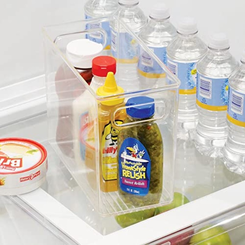 mDesign 주방, 식료품 저장실, 캐비닛, 냉장고/냉동고, 조리대용 손잡이가 있는 플라스틱 키 큰 식품 보관 정리 용기 상자 - 스낵/가전제품 정리함, Ligne 컬렉션, 4팩, 투명