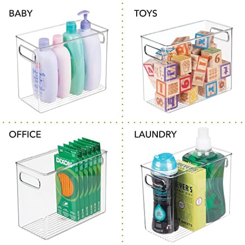 mDesign 주방, 식료품 저장실, 캐비닛, 냉장고/냉동고, 조리대용 손잡이가 있는 플라스틱 키 큰 식품 보관 정리 용기 상자 - 스낵/가전제품 정리함, Ligne 컬렉션, 4팩, 투명