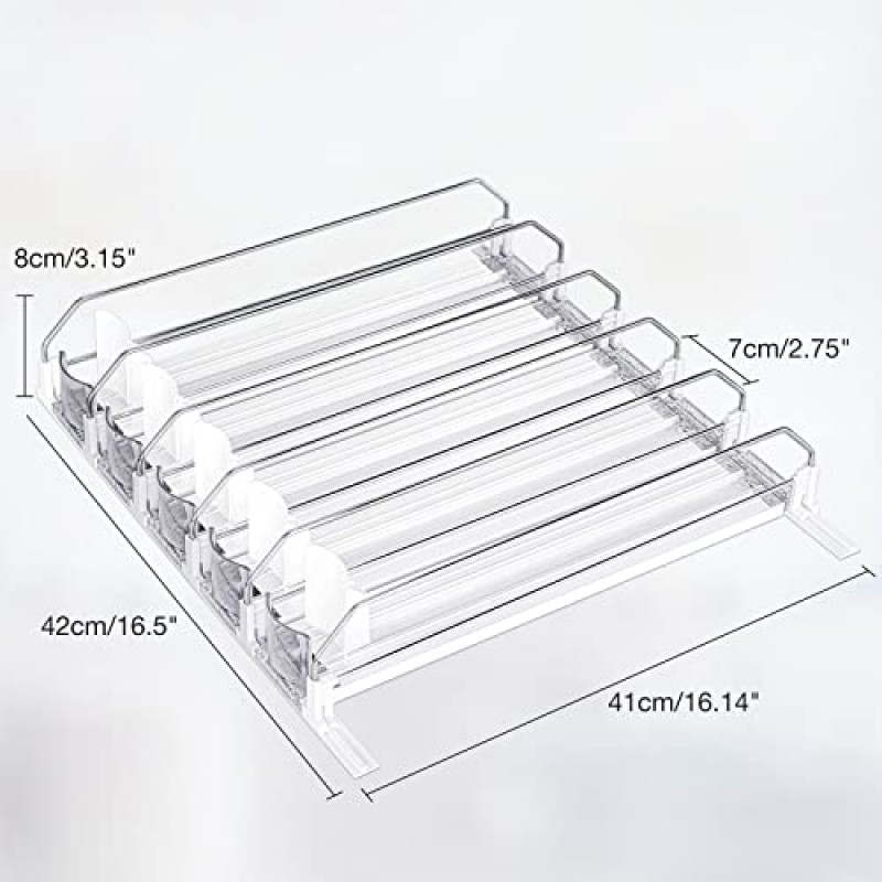 냉장고용 LAKIX 음료 정리함, 냉장고용 자동 슬라이딩 음료 디스펜서 및 너비 조절 가능, 12oz 16oz 20oz 음료를 수용할 수 있음, 최대 25캔(5열, 41CM)