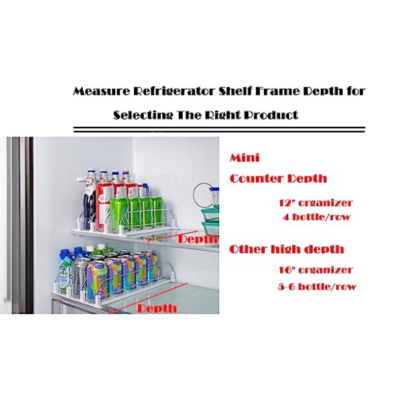 냉장고용 음료수 정리함, 카운터 냉장고용 자동 추진식 소다 캔 정리함, 폭 조절 가능한 푸셔 글라이드, 흰색, 깊이 4열 12인치