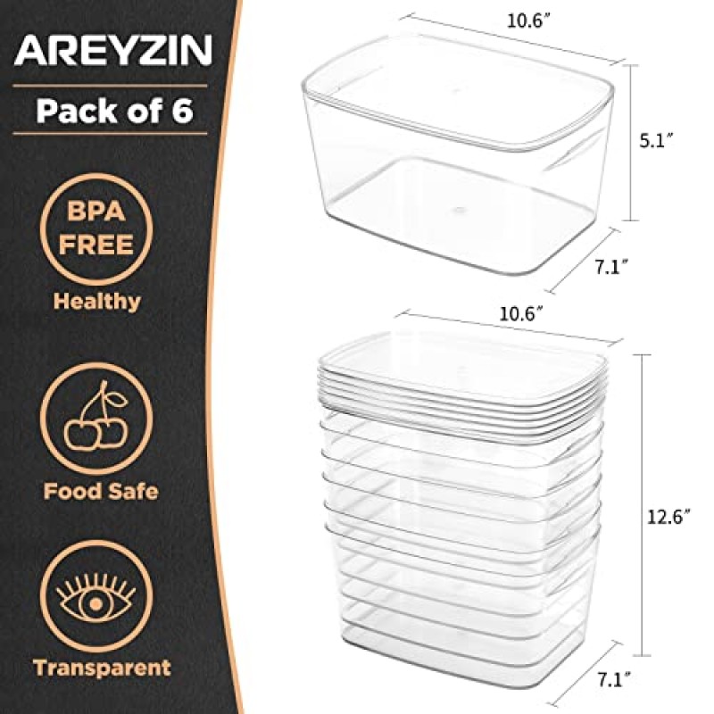 AREYZIN 뚜껑이 있는 투명 보관통 주방 보관 및 정리함 6팩 쌓을 수 있는 냉장고 정리함 뚜껑이 있는 식품 저장실 정리함 및 보관 용기, 6.8쿼트