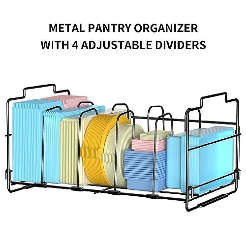 쌓을 수 있는 식품 용기 뚜껑 정리함 2개 세트, 주방용 조절 가능한 금속 뚜껑 보관 선반, 칸막이 4개 캐비닛, 찬장, 식료품 저장실 선반, 서랍용 분리형 뚜껑 정리함 랙, 검정색