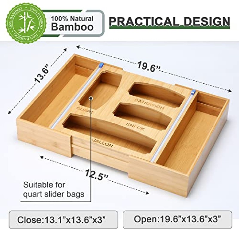 지플락 백 보관 정리함, 식품 보관 백용 확장형 주방 서랍 디스펜서, 슬라이드 커터가 있는 대나무 홀더, 적합한 갤런, 쿼트, 샌드위치, 스낵 백 및 12인치 알루미늄 호일 및 왁스 용지
