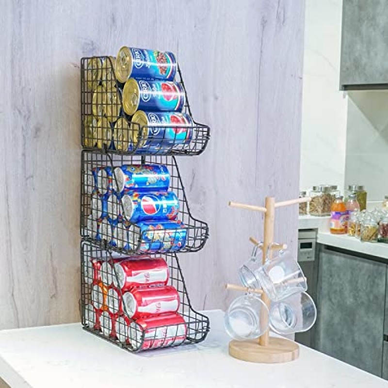 X-cosrack Stackable Can Organizer for Pantry 3Pack, 스탠딩 디스펜서 보관함, 금속 와이어 바구니 음료 팝 소다 랙 스탠드 주방 식료품 저장실 수조 캐비닛, 통조림 식품 홀더 쌓기