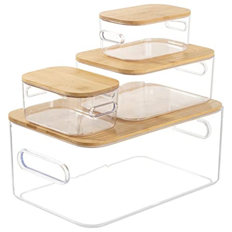 Sorbus Organizer Bins, 친환경 - 대나무 뚜껑, 주방 식료품 저장실 정리 보관함, 냉장고, 냉동고, 식품 보관함, 정리용 용기, 캐비닛 정리함