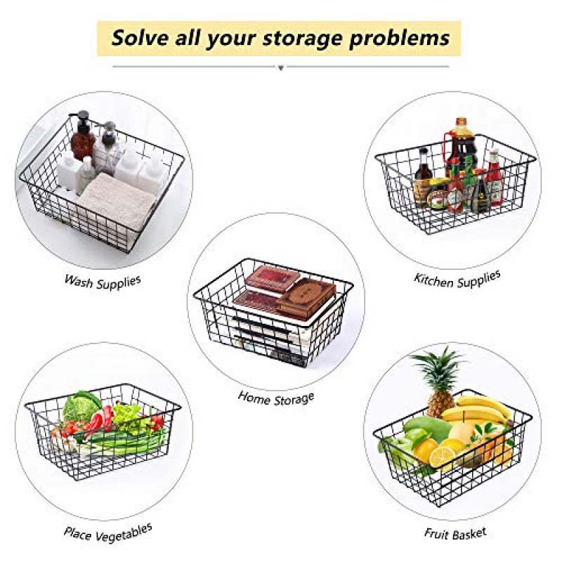 가정용 정리용 와이어 바구니 보관용 식료품 저장실 와이어 검은 금속 보관함을위한 4 팩 식료품 저장실 바구니