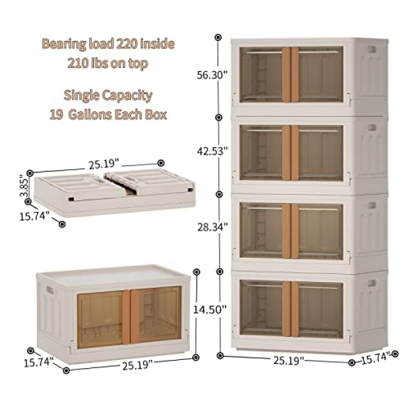 플라스틱 보관 용기, 100Qt 대용량 접이식 보관 상자, 뚜껑과 버클이 있는 쌓을 수 있는 보관 상자, 기숙사 필수품, 바퀴와 손잡이가 있는 공간 절약 정리함(4팩)