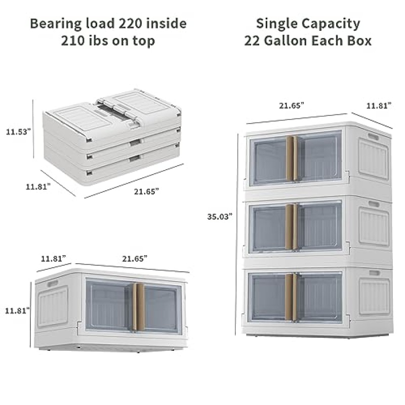 뚜껑이 있는 보관함,48쿼트 플라스틱 보관함,바퀴가 있는 쌓을 수 있는 보관함 3팩,흰색 옷장 정리함 및 보관함,가정 및 사무실용 뚜껑이 있는 이중 개방형 접이식 보관함