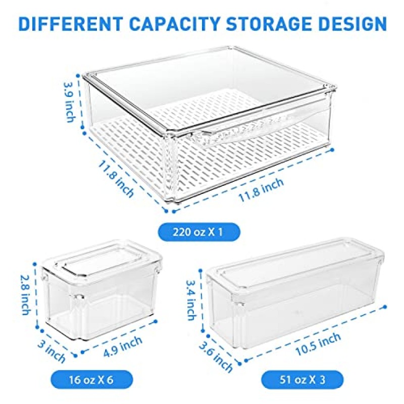 JETEHO 10 팩 냉장고 정리함, 냉장고 정리함 및 보관 뚜껑이 있는 투명하고 쌓을 수 있는 냉장고 정리함, 냉장고, 주방, 식품, 농산물, 야채용 BPA 프리 과일 보관 용기