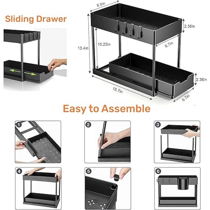 EYOBE 언더 싱크 정리함 2팩, 후크와 걸이 컵이 있는 2단 슬라이딩 캐비닛 정리함, 주방/욕실/사무실/세탁실용 다용도 언더 싱크 정리함 및 보관함, 블랙