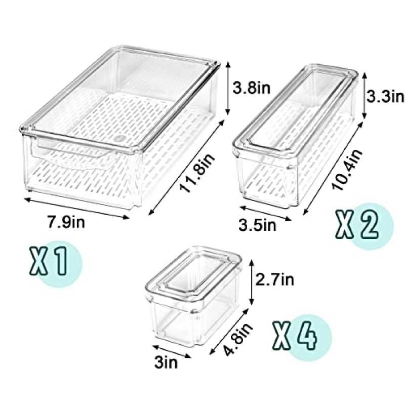 GODORIO 냉장고 정리함 7개 세트, 쌓을 수 있는 뚜껑이 있는 냉장고 정리함, BPA 없는 냉장고 정리함 및 투명 용기, 과일, 야채, 식품용 냉장고 보관 용기