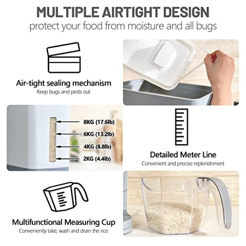 26.5 파운드 쌀 디스펜서 측정 컵이 있는 대형 밀봉 곡물 용기 보관함, 밀폐 디자인 식품 디스펜서, 건조 식품용 주방 조직 식품 저장실