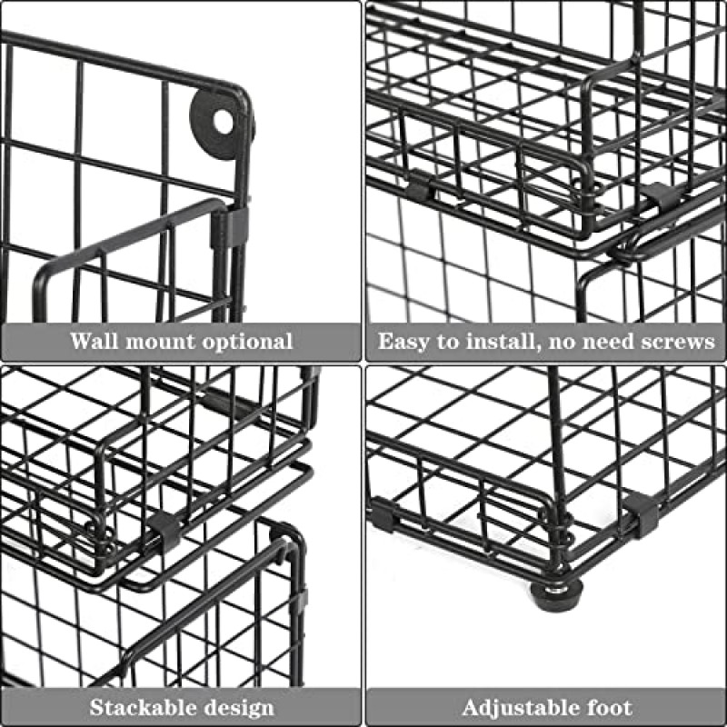 X-cosrack 스택형 와이어 바구니 3단 조리대 및 벽걸이형 금속 보관 바구니, 주방 식료품 저장실 캐비닛, 식품 과일 스낵용 다용도 개방형 전면 빈 주최자, 검정색
