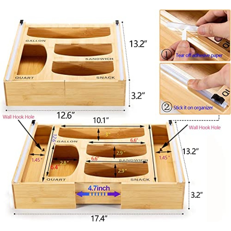 대나무 6 In 1 호일 및 플라스틱 랩 정리함, 슬라이드 커터가 있는 지플락 가방 정리함/홀더 랩 디스펜서, 부엌 서랍 또는 집 벽용, 갤런, 쿼트, 샌드위치 가방 등용.