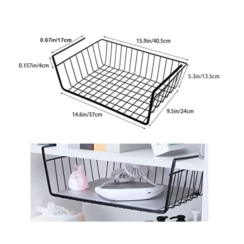 선반 아래 수납 바구니, 걸이 선반 바구니 슬라이드 수납용 선반 아래 금속 캐비닛 아래 선반 바구니 정리함 공간 절약형 주방 식료품 저장실 책상 책장(검은색 팩 2개)