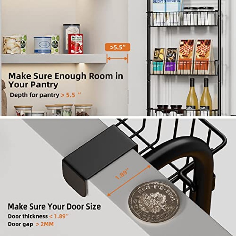 Egepon Over the Door Pantry Organizer Rack, 6단 바구니 식료품 저장실 도어 정리 및 보관, 견고한 금속 도어 선반 걸이형 도어 스파이스 랙(주방 식료품 저장실 욕실용), 검정색