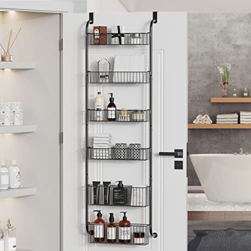 Egepon Over the Door Pantry Organizer Rack, 6단 바구니 식료품 저장실 도어 정리 및 보관, 견고한 금속 도어 선반 걸이형 도어 스파이스 랙(주방 식료품 저장실 욕실용), 검정색