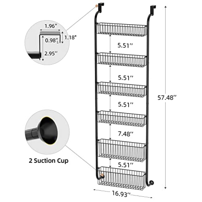 Egepon Over the Door Pantry Organizer Rack, 6단 바구니 식료품 저장실 도어 정리 및 보관, 견고한 금속 도어 선반 걸이형 도어 스파이스 랙(주방 식료품 저장실 욕실용), 검정색