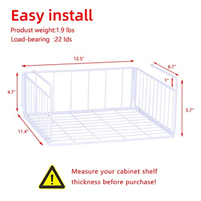 SUFAUY 2팩 언더 캐비닛 선반 바구니 정리함, 금속 와이어 랙 걸이 보관 바구니, 주방 식료품 저장실 또는 냉장고용 최대 22파운드 보관 가능, 흰색