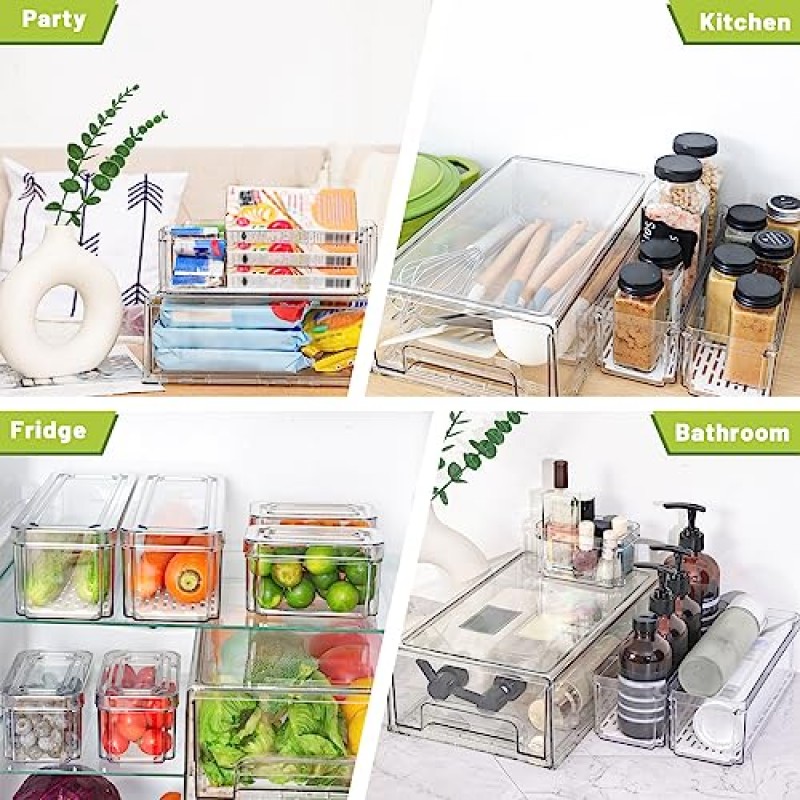 Moretoes 7pcs 냉장고 정리함 및 서랍 세트, 뚜껑이 있는 명확한 냉장고 정리 상자 쌓을 수 있는 냉장고 서랍 식품 과일 야채 음료 주방용 BPA 없음