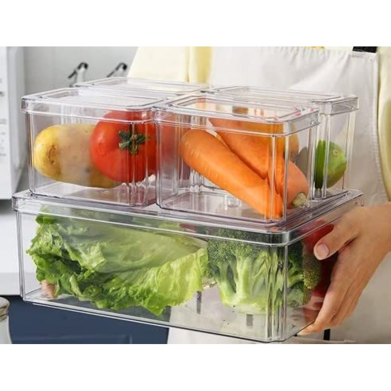 Plexel 냉장고 정리함, 냉장고 정리함, 투명 플라스틱 식품 보관 용기, Contenedores Para Organizar Cocina, 식품 저장실 정리함 및 보관함, 탈착식 배수 트레이 포함. (삼)