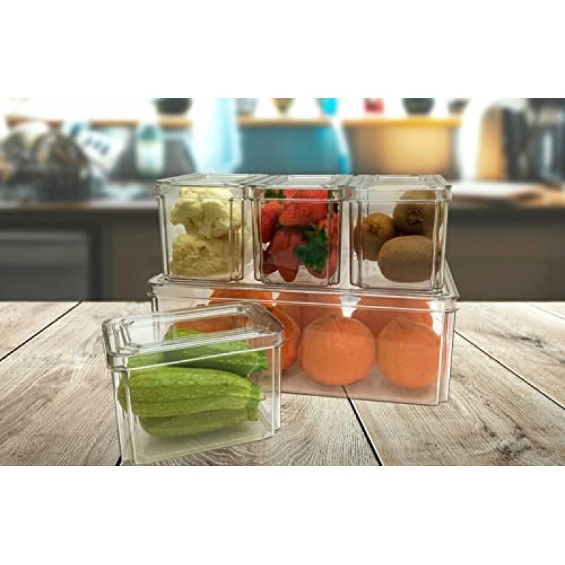 Plexel 냉장고 정리함, 냉장고 정리함, 투명 플라스틱 식품 보관 용기, Contenedores Para Organizar Cocina, 식품 저장실 정리함 및 보관함, 탈착식 배수 트레이 포함. (삼)
