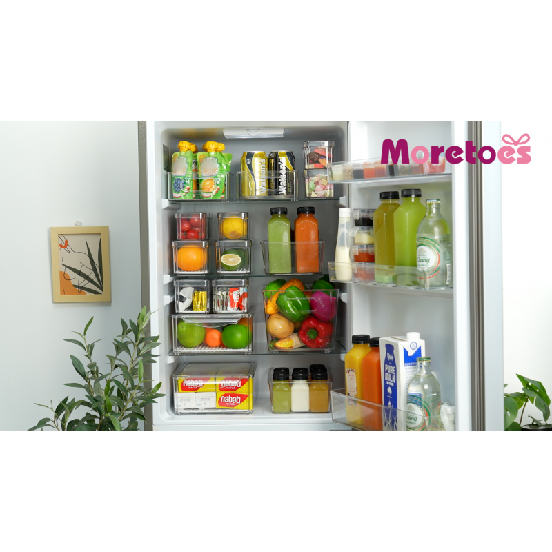 Moretoes 냉장고 서랍 3팩 투명 쌓을 수 있는 풀아웃 냉장고 정리함, 주방 정리 캐비닛 냉장고 정리함, 식료품 저장실 정리 및 식품 보관 용기