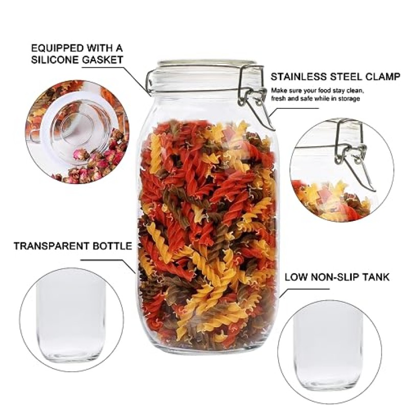 Flrolove 74 oz/2200ml 유리 식품 저장 용기, 밀폐 뚜껑이 있는 유리 용기, 대형 흑설탕 용기, 설탕, 밀가루, 시리얼, 커피, 쿠키를 보관하기 위한 3팩 원형 용기 용기