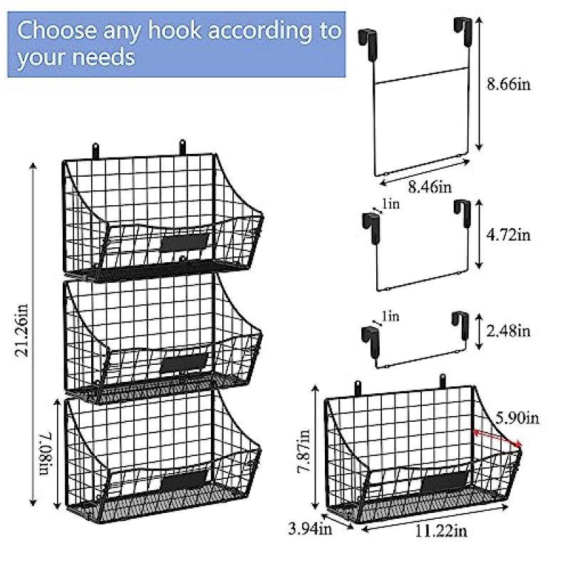 캐비넷 도어 정리함 3팩 - 3개의 짧은/중간/긴 벽 후크가 있는 쌓을 수 있는 금속 보관 바구니 + 이름표 + 주방 욕실 세탁용 후크 5개 - 걸이형 캐비넷 도어 정리함, 샴푸 향신료