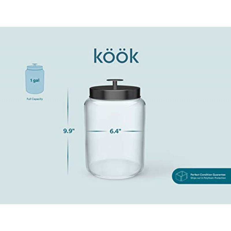 KooK 유리 대형 주방 용기 세트, 식품 저장 용기, 뚜껑이 있는 욕실 용기, 세탁실에 적합, 3.7리터, 1갤런, 2개 세트(검은색)