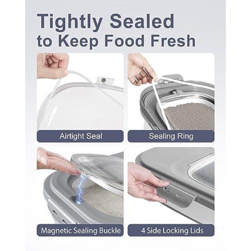 DDMOMMY 30-35Lbs 쌀 저장 용기, 롤링 휠 밀폐 잠금 뚜껑이 있는 접이식 식품 저장 용기, 컵과 국자가 있는 밀가루 저장 용기, 식품, 쌀, 애완 동물 사료, 밀가루에 적합