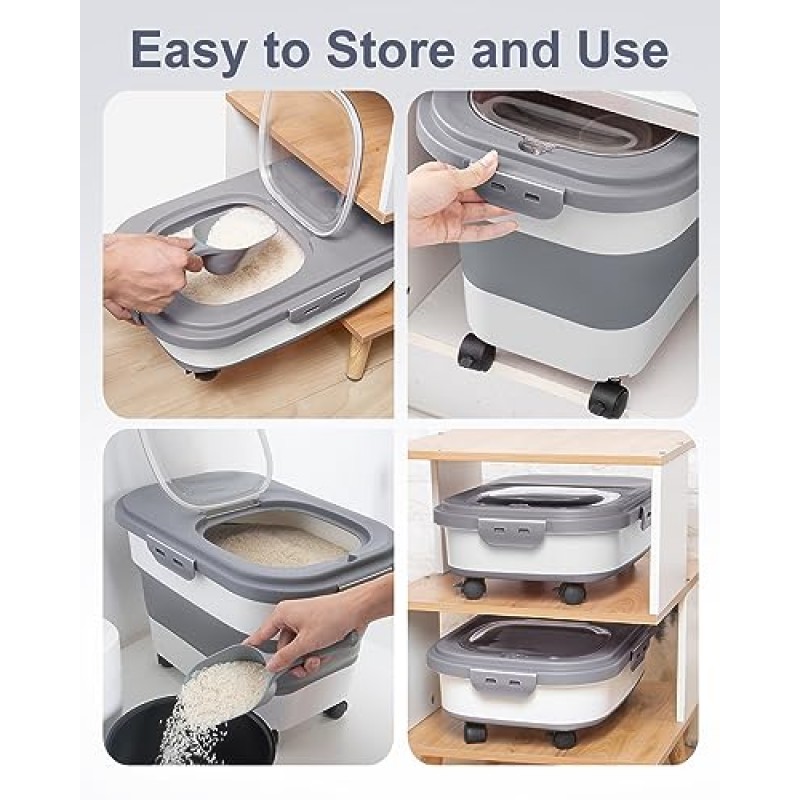 DDMOMMY 30-35Lbs 쌀 저장 용기, 롤링 휠 밀폐 잠금 뚜껑이 있는 접이식 식품 저장 용기, 컵과 국자가 있는 밀가루 저장 용기, 식품, 쌀, 애완 동물 사료, 밀가루에 적합
