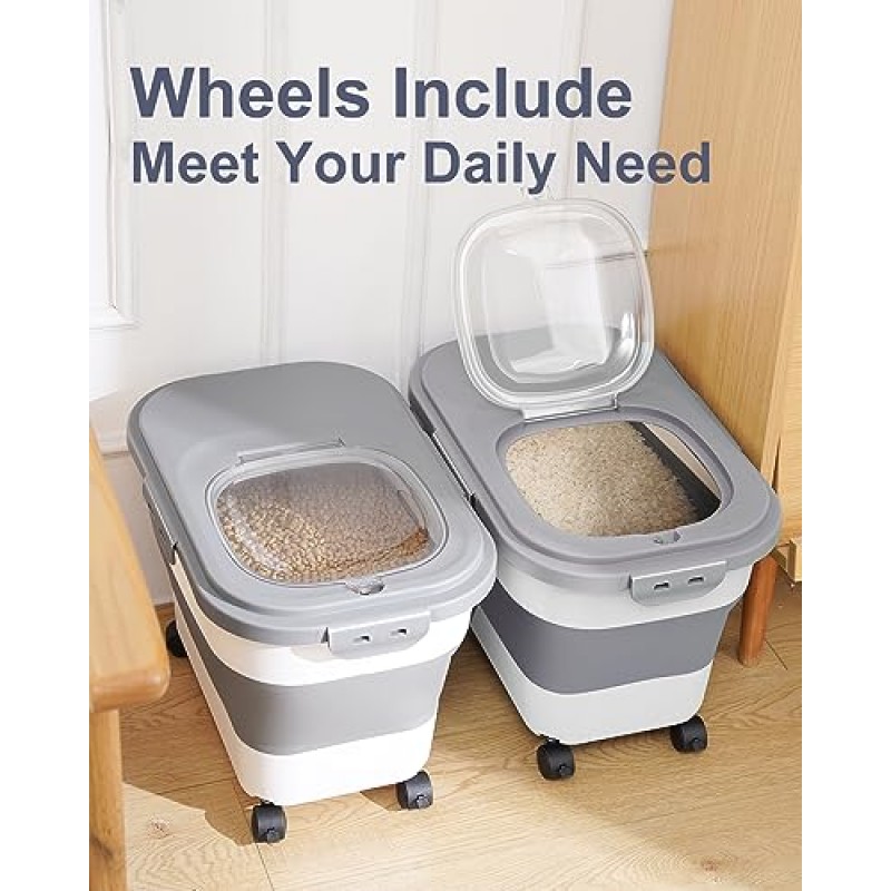 DDMOMMY 30-35Lbs 쌀 저장 용기, 롤링 휠 밀폐 잠금 뚜껑이 있는 접이식 식품 저장 용기, 컵과 국자가 있는 밀가루 저장 용기, 식품, 쌀, 애완 동물 사료, 밀가루에 적합