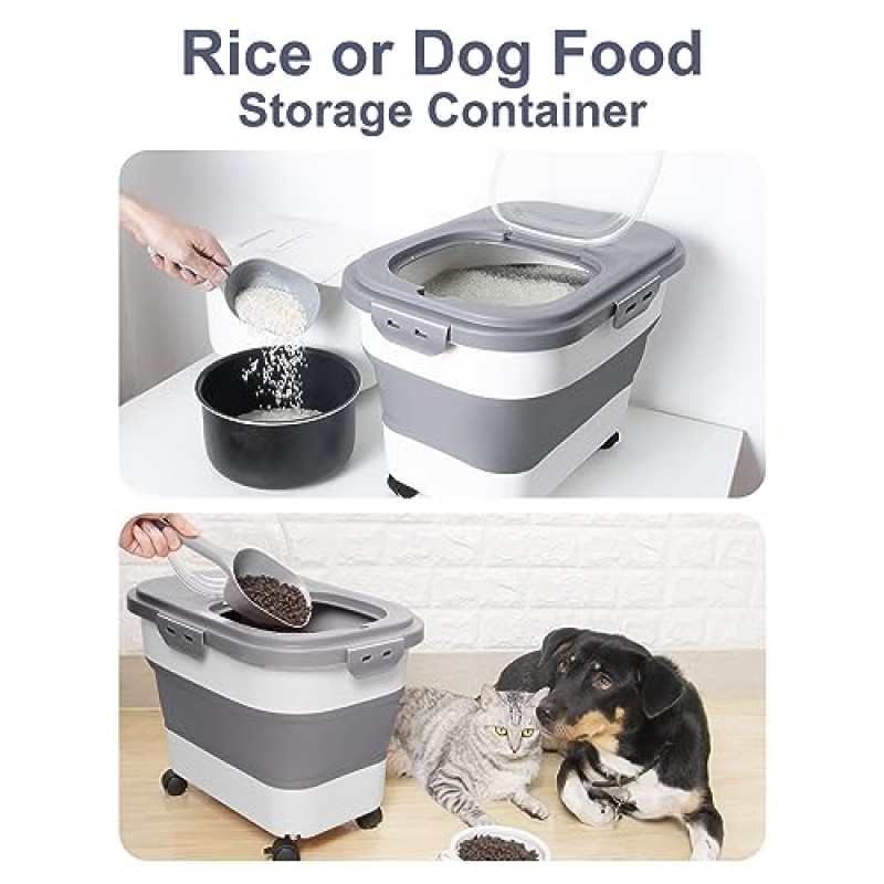 DDMOMMY 30-35Lbs 쌀 저장 용기, 롤링 휠 밀폐 잠금 뚜껑이 있는 접이식 식품 저장 용기, 컵과 국자가 있는 밀가루 저장 용기, 식품, 쌀, 애완 동물 사료, 밀가루에 적합