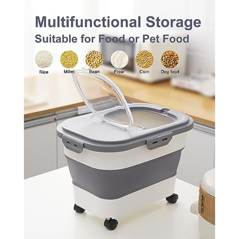DDMOMMY 30-35Lbs 쌀 저장 용기, 롤링 휠 밀폐 잠금 뚜껑이 있는 접이식 식품 저장 용기, 컵과 국자가 있는 밀가루 저장 용기, 식품, 쌀, 애완 동물 사료, 밀가루에 적합