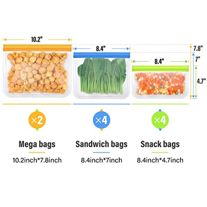 누출 방지 재사용 가능한 냉동고 가방, 재사용 가능한 지플락 백 실리콘, BPA 없음 점심용 재사용 식품 보관 가방 절인 음식 여행 - 2갤런 샌드위치 백 2개 간식 2개