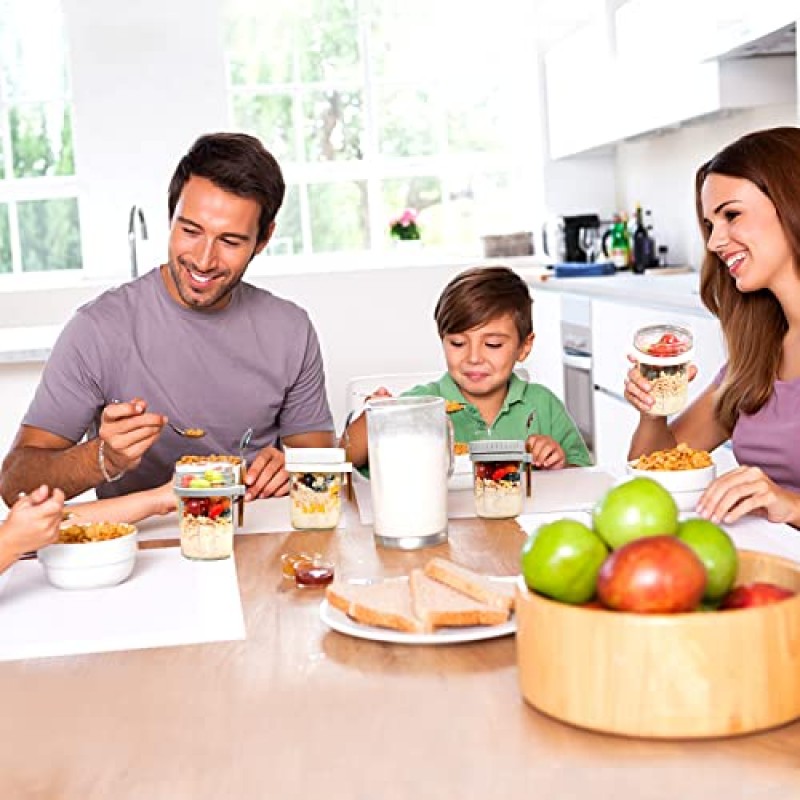 오버나이트 오트용 메이슨 병: 뚜껑과 스푼이 포함된 오버나이트 귀리 용기 4팩 - 우유, 시리얼, 과일용 16온스 유리 식품 저장 용기 - 오트밀 병/통조림 병/식품 병 및 용기