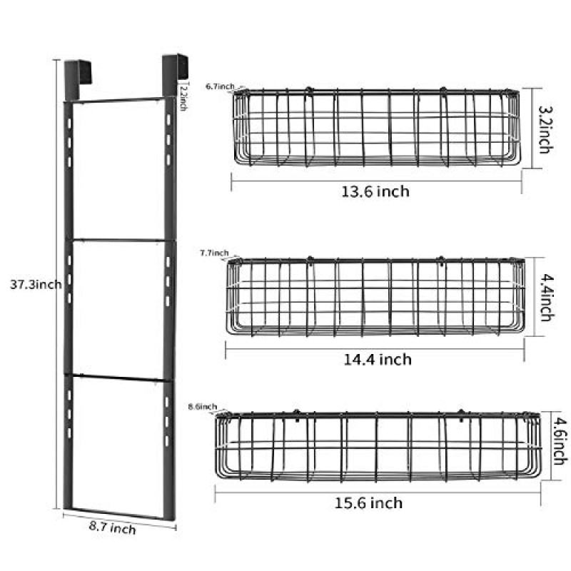 HUIFAHUO 문 정리함 위의 분리형 3바구니, 부엌, 욕실용 헤비 듀티 철제 걸이형 선반 문 뒤 수납 정리함 랙(검은색).
